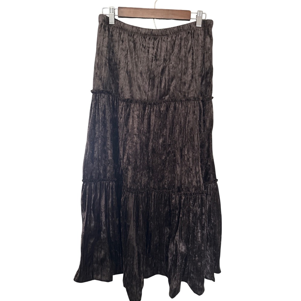 Maestro Womens Y2K Tiered Maxi Skirt Crushed Velvet M Brown Boho Fairycore